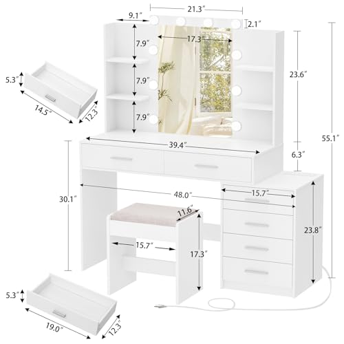 TEENFON 48” W Vanity Desk Set with Stool, Makeup Vanity with Mirror & Power Outlet, 6 Drawers, 6 Open Shelves, Vanity Table with 3 Light Color for Women, White