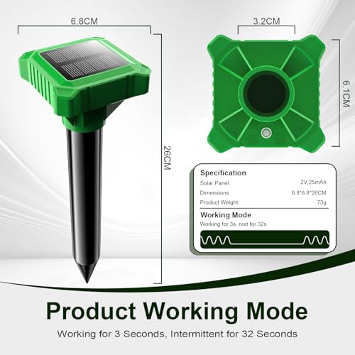 Mole Repeller, Powerful Vole Repeller & Mole Repeller Solar for Garden, Pack of 4 Vole Repelling Ultrasound, IP65 Waterproof Mole Repeller for Lawn, Yard, Farm