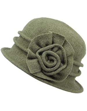 Womens Winter Warm Wool Cloche Bucket Hat Slouch Wrinkled Beanie Cap with Flower