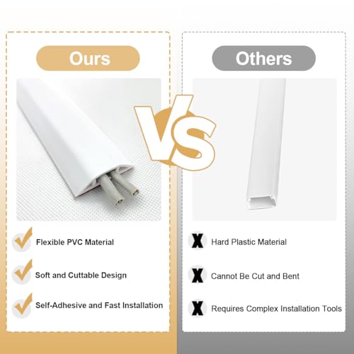 Floor Cord Cover 5m/16.4ft, Self-Adhesive Wire Cover Raceway PVC Cable Concealer with Prevent Tripping, Flexible On-Wall Cable Hider, White Cable Protector Channels Wire Management for TV Home Office