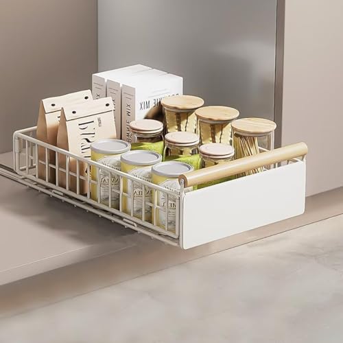 Pull-Out Cabinet Organizer, No-Drill Slide-Out Drawer with Adhesive Nano Film, Kitchen Cabinet Shelf Organizer, Under-Sink and Pantry Storage Shelf for Kitchen and Bathroom (White, 39x25x4cm)