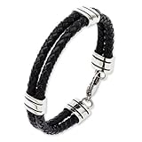 Double Braid Steel Accent Genuine Black Leather Bracelet