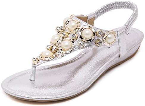 Meehine Women's Elastic Sparkle Flip Flops Summer Beach Thong Flat Sandals Shoes (7 B(M) US, Silver)