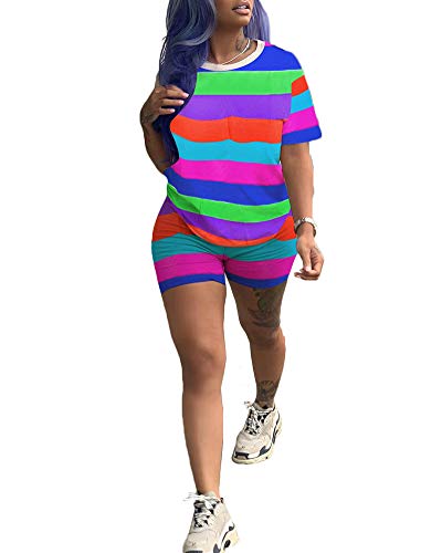 Womens Shorts 2 Piece Outfits Rainbow Stripe Workout Clothes Colorful Two Piece Tracksuits Running Shorts Sets