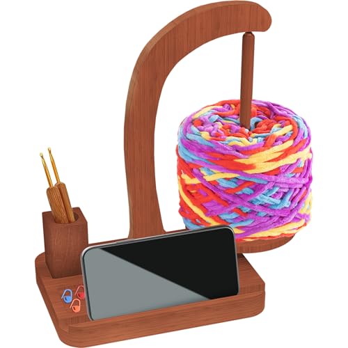 Upgraded Yarn Holder for Crocheting,Wooden Crochet Yarn Holder Magnetic Rotation Yarn Spinner with Crochet Accessories Storage and Phone Stand,Yarn Ball Holder Crochet Gift for Knitting Lovers