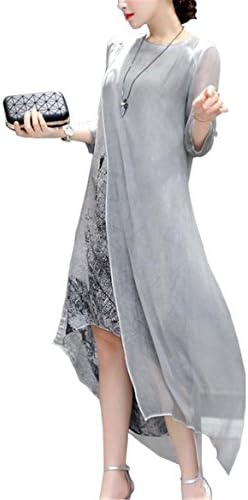 Sexy Summer Autumn Women Cotton Linen Long Dresses Irregular Folk Art Ink Print Casual Plus Size Slim Dress Retro Printing Gray XCE gray Fashion S