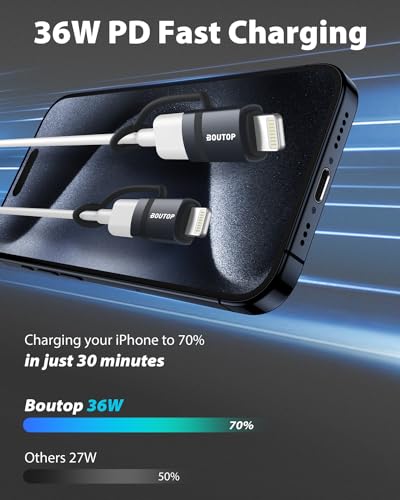BOUTOP Pack of 2 36 W USB C to Lightning Adapter [Apple MFi Certified] for Fast Charging and Data Transfer, with Anti-Lost Rope for iPhone 14, iPad Air 4/Mini 5, Dark Grey, Not for OTG/Audio