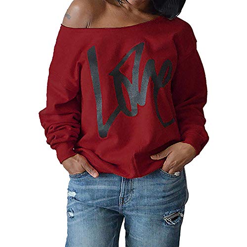 YOcheerful Women Off Shoulder Pullover, Womens Long Sleeve Cold Shoulder Top Blouse Girl Loose Letter Shirt Sweatshirt