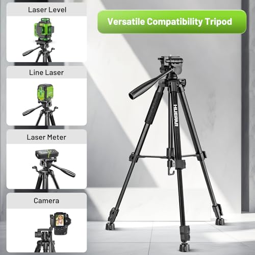 Huepar 146 cm Lightweight Portable Tripod for Laser, Adjustable Construction Tripod with 3-Way Swivel Head, Spirit Levels, 1/4 Inch and 5/8 Inch Thread Connection for Various Tools