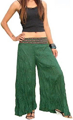 Palazzo Wide Leg Trousers GAUCHO Flared Crinkle Hippie Green