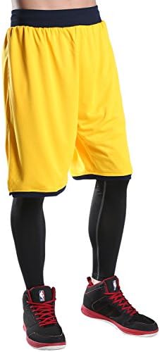 JEASS Basketball Shorts for Men Workout Shorts with Pockets Mesh Lining,Yellow,Large/Tag 4XL(Waist 32"-34")