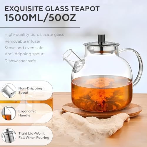 AMROAH 1500ml (50oz) Large Round Glass Teapot with Removable Stainless Steel Infuser Strainer, Borosilicate Heat Resistant Stovetop Safe Glass Tea Kettle Blooming & Loose Leaf Tea Maker