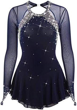 Handmade Figure Skating Dress for Women Girl, Professional Roller Skate Dress Competition Costume Long Sleeved Dark Blue Ice Skating Dress Crystals