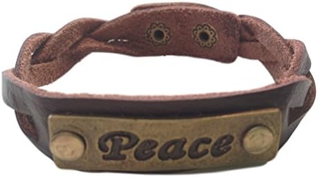 Charming 'Peace' Brown Leather Expression Snap Bracelet