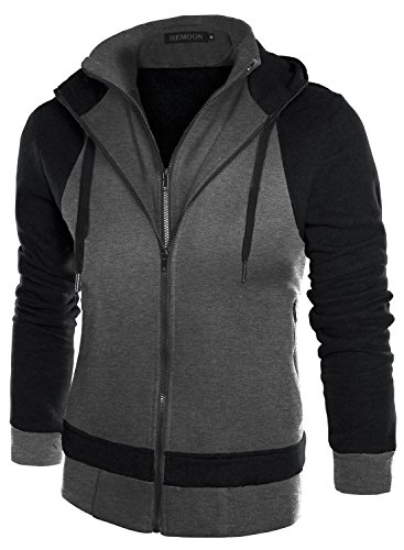 HEMOON Men's Casual Slim Fit Double Zipper Hoodies Jacket 