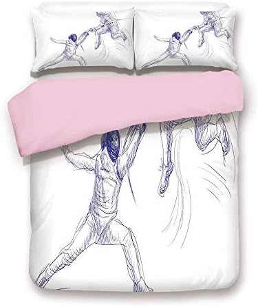 TARTINY Pink Duvet Cover Set,Twin Size,Sketch of Two Sportsman Fencing Duel Swordplay Agility Attack Action Discipline Decorative,3 Piece Bedding Set with 2 Pillow Sham,Best Gift for Girls Women,Bl