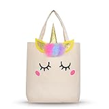Unicorn Canvas Tote Bag with Horn for Beach, Travel, School, Unicorn Gift for Girls Kids Students Unicorn Party Favor Bags