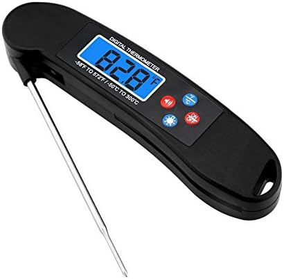 Digital LED Backlight Cooking thermometer Instant Read Food Thermometer With Foldable Stainless steel Probe and Temperature Broadcast Function For Meat Candy Milk BBQ (Black)