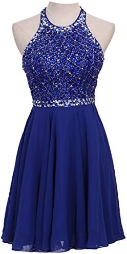 SeasonMall A Line Halter Beaded Bodice Prom Dress Short Chiffon Open Back Homecoming Dresses