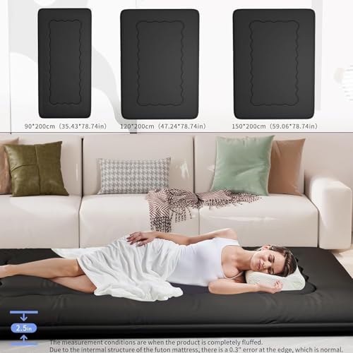 Kiseely Portable Folding Futon Mattress, Japanese Folding Tatami Mattress, Portable Sleeping Mat for Dormitory with Bag and Strap, Floor, Roll Up Camping (Black HY1, 120 x 200 cm)