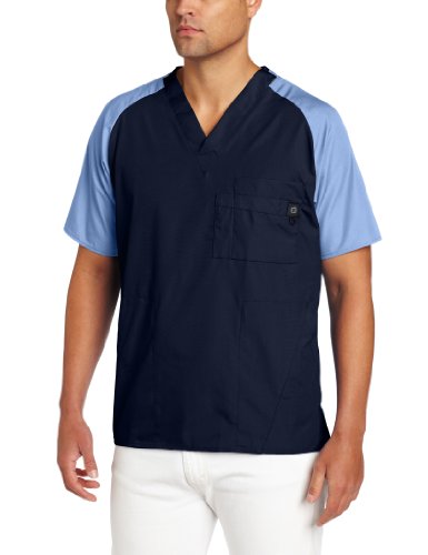 WonderWink Men's Raglan Color Block 5 Pocket Scrub Top, Navy/Ceil Blue, X-Large
