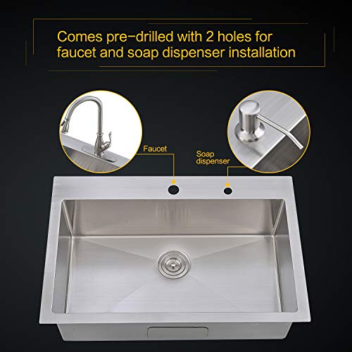 Bokaiya 30" Topmount Kitchen Sink 16 Gauge Stainless Steel Handmade Deep Single Bowl Drop In Sink, 9-Ga Extra Thick Panel 2 Hole Kitchen Sink