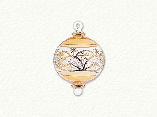 Home and Holiday Shops Yellow Ball with Gold Etched Pattern Egyptian Blown Glass Christmas Ornament