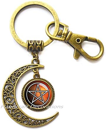 Pentagram Moon Keychain Pentagram Jewelry Pentagram Key Ring Wicca Moon Keychain Protection Pagan Moon Keychain Wiccan Jewelry Pentacle Moon Keychain.F196 (E2)