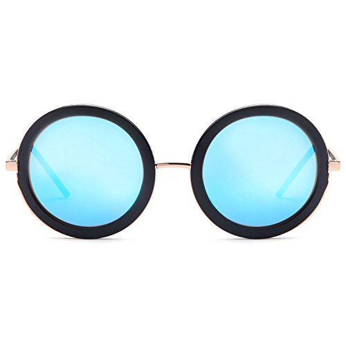 SUN LOUNGER UV400 Vintage Retro Round Style Sunglasses for Women Mirror Lens and Metal Frame with Spring Hinge â€“ Mirror Blue Lens on Gold & Black Frame