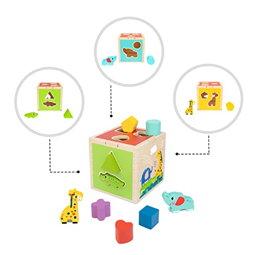 TOOKYLAND Wooden Shape Sorter Cube Toy, Wooden Animal Blocks Geometric