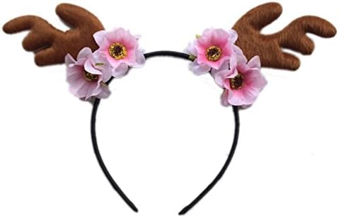 Ubbetter Girls Deer Antlers Ears Flower Headband Cosplay Costume (Pink)