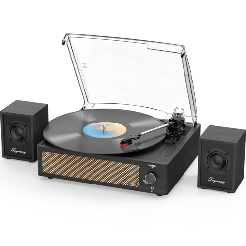 Trynnay Plattenspieler mit passiven Regallautsprechern, Bluetooth-Plattenspieler für Schallplatten, 3 Geschwindigkeiten, kabelloser AUX-Eingang, Kopfhöreranschl