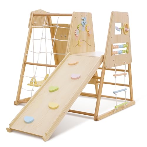 Avenlur Cherry 5-in-1 Wooden Indoor Climber – Montessori Toddler Play Gym with Slide, Rock Wall, Rope Ladder, Sensory Panel & Swing – Indoor Playground for Kids Ages 18 Months to 5 Years