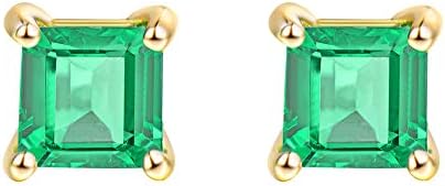 Natural Emerald Earring Studs Solid 18K Yellow Gold Princess Cut Gemstone Piercing Earrings Bridal Wedding Gift