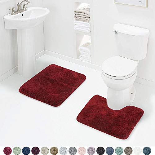 Walensee Shaggy 2 Piece Bath Rug Sets (RED) 20 x 24 U Shape Contour Rug & 20 x 32 Bathroom Rug Machine Wash/Dry Bath Mats for Bathroom Plush Absorbent Bathroom Rugs and Mats Set Non Slip