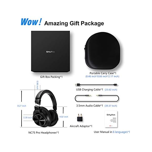 Cuffie Wireless Bluetooth 5.0 Cancellazione Attiva del Rumore,Srhythm NC75  Pro ANC Over Ear con CVC8.0 Microfono Stereo Hi-Fi,Carica Rapida, 40 ore di  Lavoro,per iPhone/Android/PC/TV - 2019 Aggiornato - Cuffie Hi-Fi