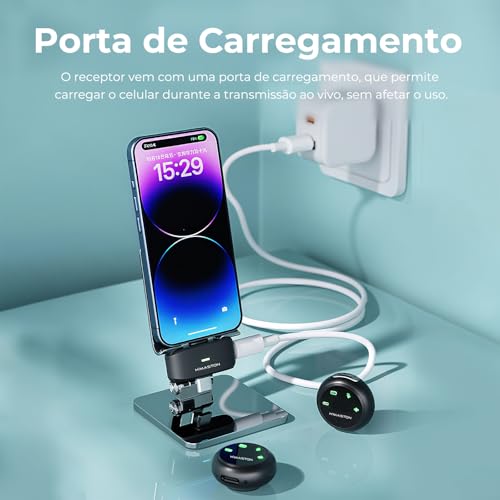 Microfone Lapela Microfone de Lapela Sem Fio Receptor 2 em 1 para Cancelamento Duplo de Ruído Compatível com iPhone Lightning Tipo-C