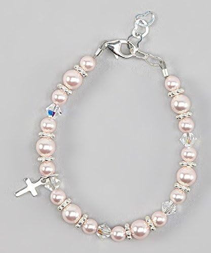 Christening Sterling Silver Cross Charm Keepsake Girl Baby Bracelet with Swarovski Simulated Pink Pearls White Crystals (B123)