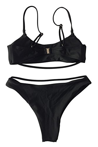 ESONLAR Women Spaghetti Strap Crop Top High Cut Thong Brazilian 2PCS Bikini Bathing Suit Black S - Thumbnail 4