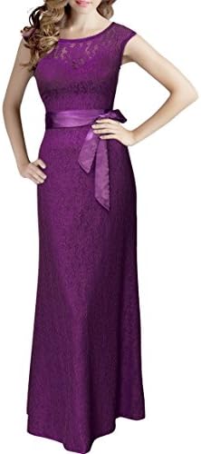 Womens Purple Long Sleeveless Floral Lace V-neck Evening Gown Party Dress(L)