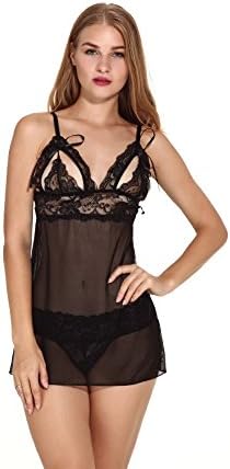 Xmeilo Sexy Lace Lingerie Set For Women For Sex Cupless Mesh Chemise Strappy Babydoll Sleepwear (L, Black)