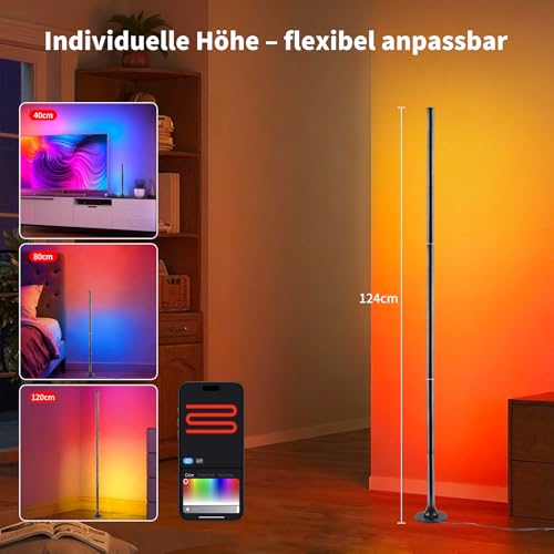 Aogled RGB Floor Lamp Dimmable 120 cm with App and Remote Control | 16 million colours, music sync, removable corner lamp, DIY mood light