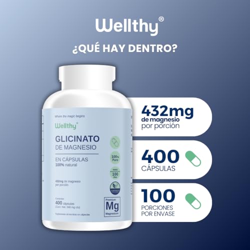 Wellthy Glicinato de Magnesio 400 Cápsulas 432mg. 100% Natural, 100% Puro, Alta Absorción, Cápsulas Veganas.