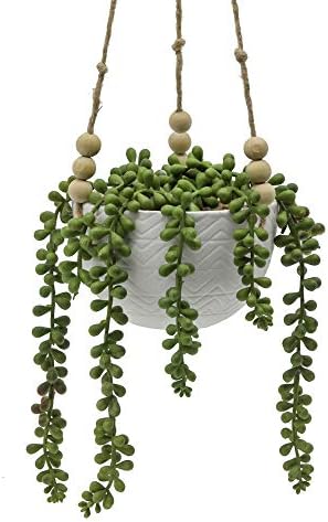 Flora Bunda Artificial Succulent String of Pearls in Hanging 5.12" Ceramic Planter Lover's Tear