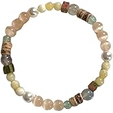 Jomayly Natural Stone Charm Bracelet White Cat's Eyes Stone Elastic Bracelet for Women Men Multi-colored Beads Coconut Shell Wristlet Statement Jewelry