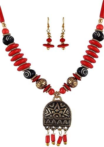Arittra Red Crystal Pendant Necklace With Earring Jewellery Set For Women