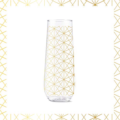 TOSSWARE-POP-9oz-Flute-Linear-Gold-Series-SET-OF-6-Recyclable-Unbreakable-Crystal-Clear-Plastic-Printed-Champagne-Glasses