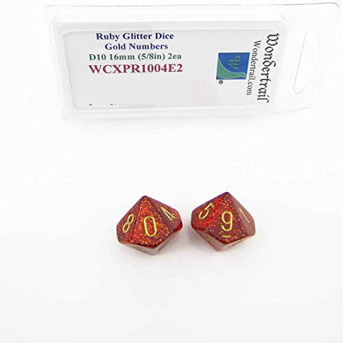 Ruby Glitter Colored Dice with Gold Colored Numbers D10 Aprox 16mm (5/8in) Pack of 2 Wondertrail