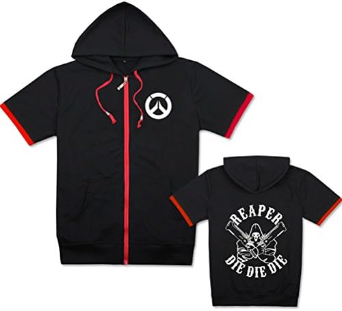 Adult Unisex Overwatch Game Anime Short-Sleeved Cotton Zipper Hoodie T-shirt Black Reaper Red XXL