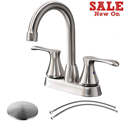 Comllen Modern Stainless Steel Double Handle Basin Vanity Bathroom Faucet, Brushed Nickel Bathroom Faucet With Pop Up Drain and Hot & Cold Water Hose - Thumbnail 7